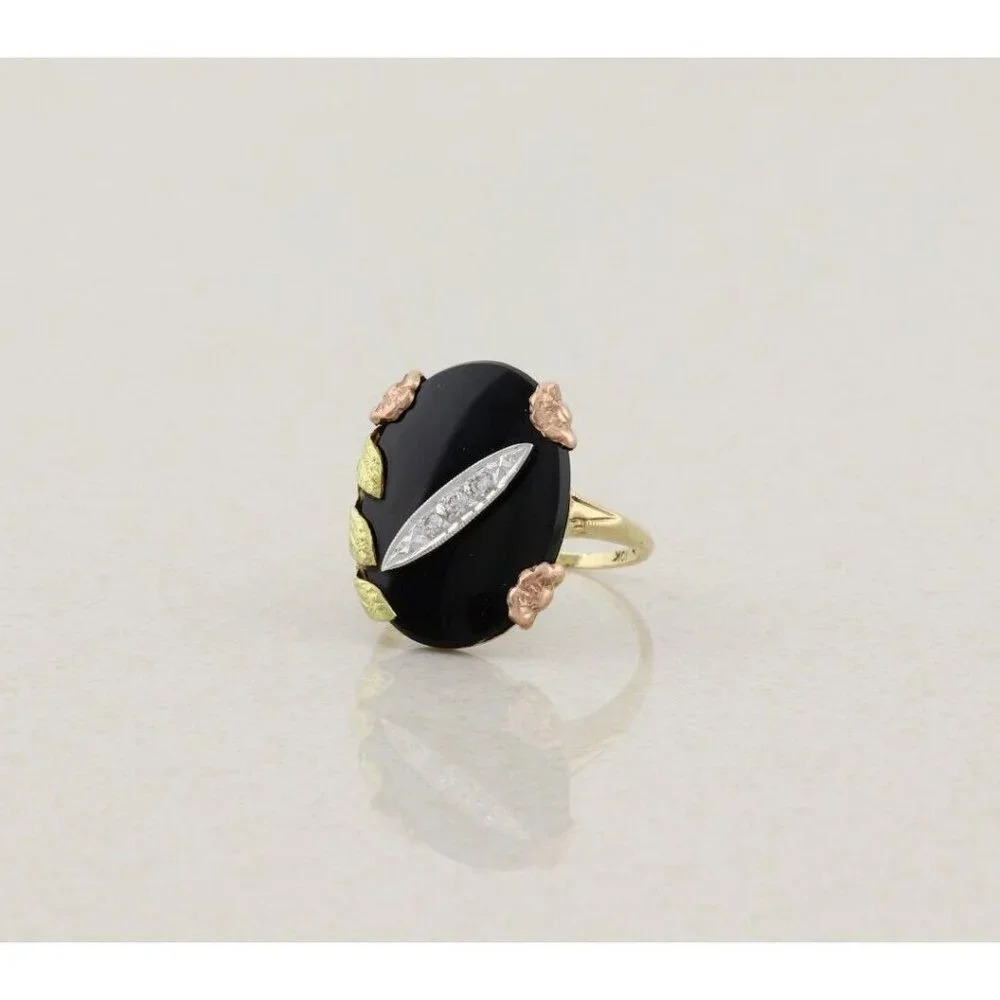 10k Yellow Gold Natural Onyx & Diamond Ring Size 6 1/4 - Picture 6 of 7